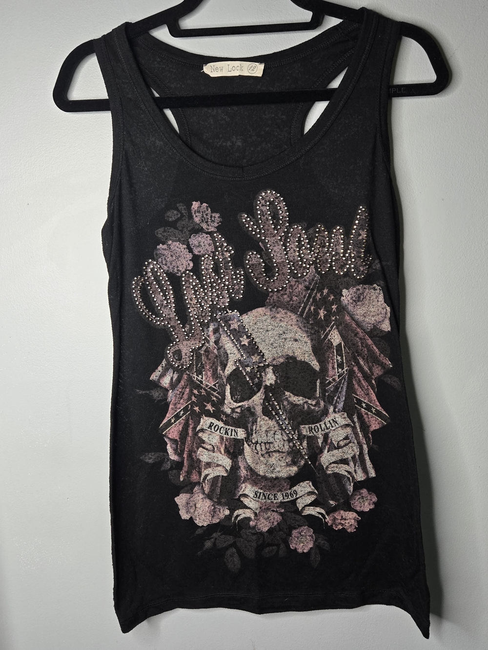 New Look Black Skull Rock & Roll Studded Tank Top Women’s Y2K Grunge
